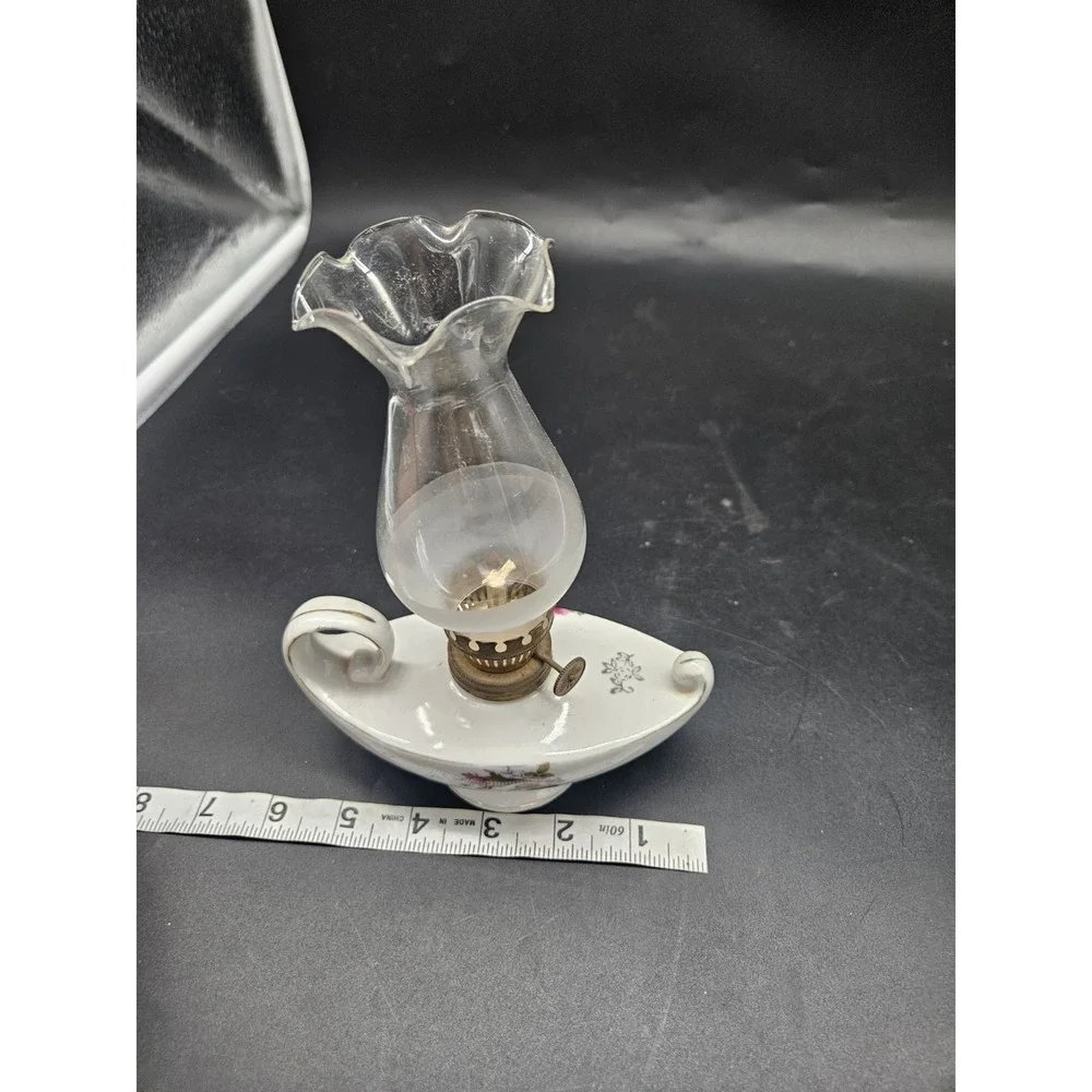 Vintage Small 7 Inch Oil Lamp Genie Style With Finger Hole - Floral Pattern